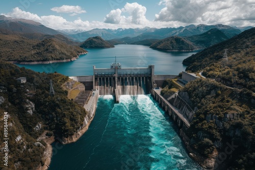 This image features a breathtaking drone view of a colossal dam with water flowing into a river, nestled between picturesque mountains under a partly cloudy sky.