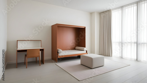 A minimalist studio apartment with a murphy bed and multi-functional furniture.