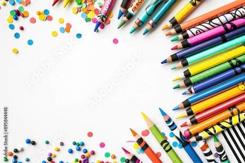 Colorful party banner with pencils and crayons, white background, right copyspace.