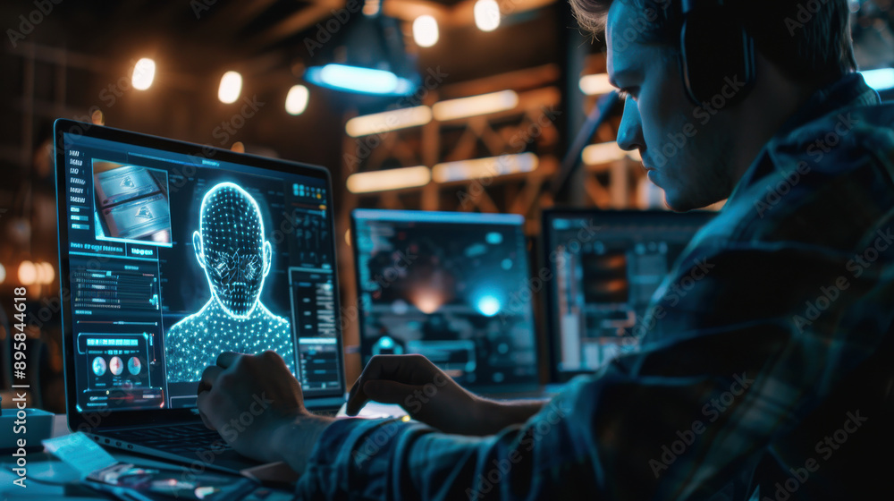 Man creating images with AI software, detailed user interface and generated visuals on the screen Man creating images with AI software, detailed user interface and generated visuals on the screen