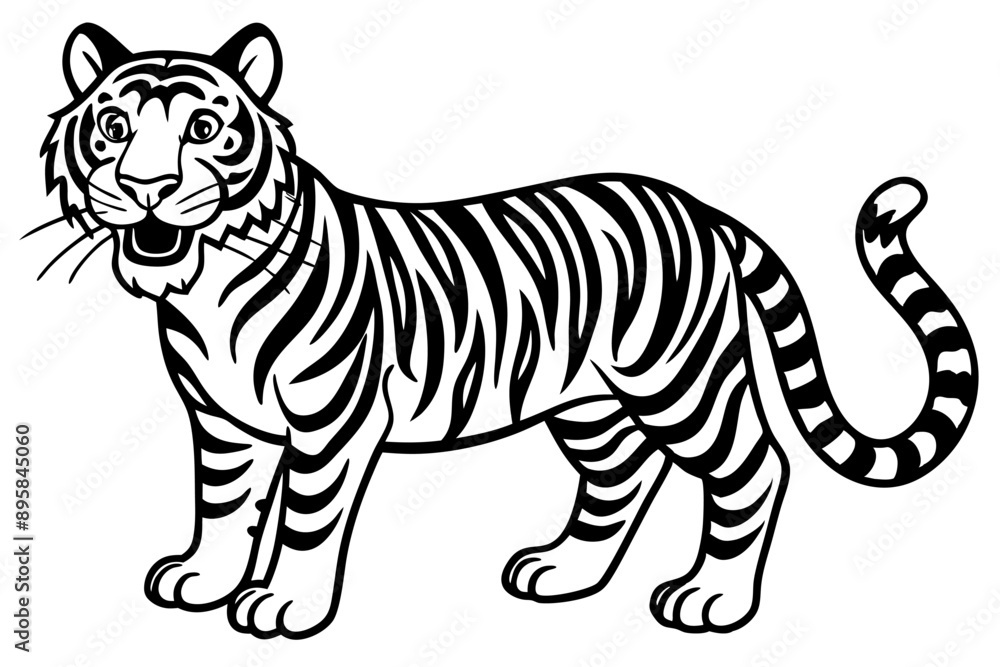 Fototapeta premium Funny Tiger on White Background Vector Illustration, Cartoons, Clipart, and Line Art Design, Funny tiger illustration in vector, cartoons, clipart, and line art on a white background.