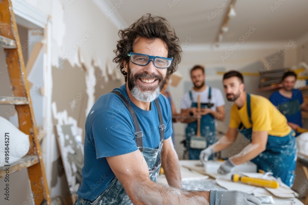 A smiling worker in a construction site, wearing safety gear, enjoys his task, surrounded by coworkers working together, highlighting teamwork, productivity, and positive workplace vibe. A smiling worker in a construction site, wearing safety gear, enjoys his task, surrounded by coworkers working together, highlighting teamwork, productivity, and positive workplace vibe.