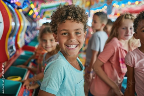 A group of children with joyful expressions play arcade games at an amusement park, surrounded by vibrant lights and colors, reflecting pure childhood happiness.