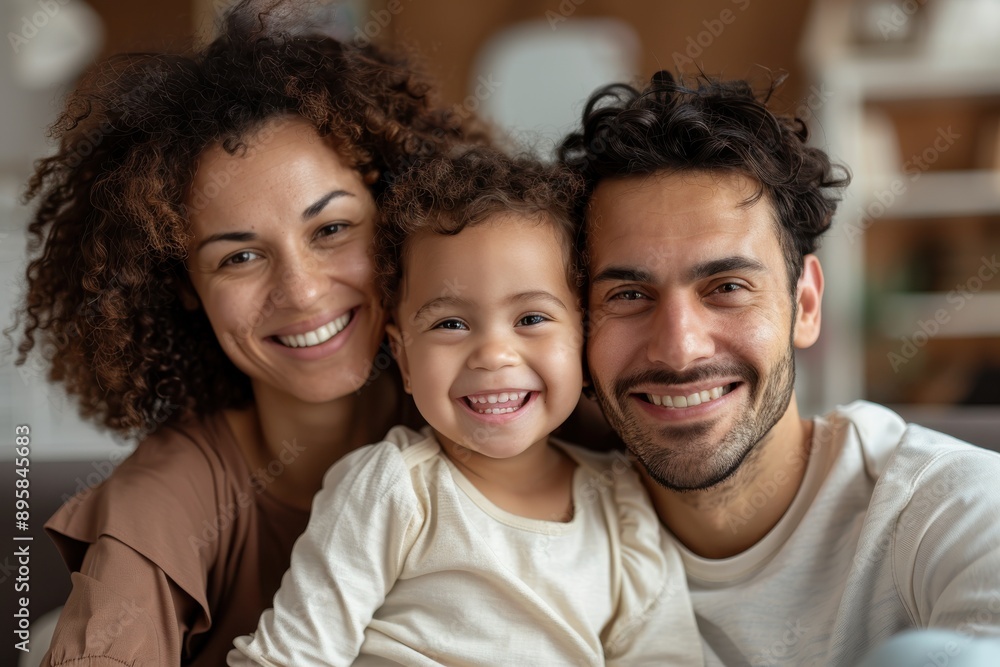 A happy family with smiles, featuring parents and their small child, sits together in a cozy home environment, capturing a moment of love and togetherness. A happy family with smiles, featuring parents and their small child, sits together in a cozy home environment, capturing a moment of love and togetherness.