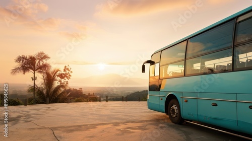 A tranquil sunset view featuring a turquoise bus parked on a scenic overlook surrounded by nature.