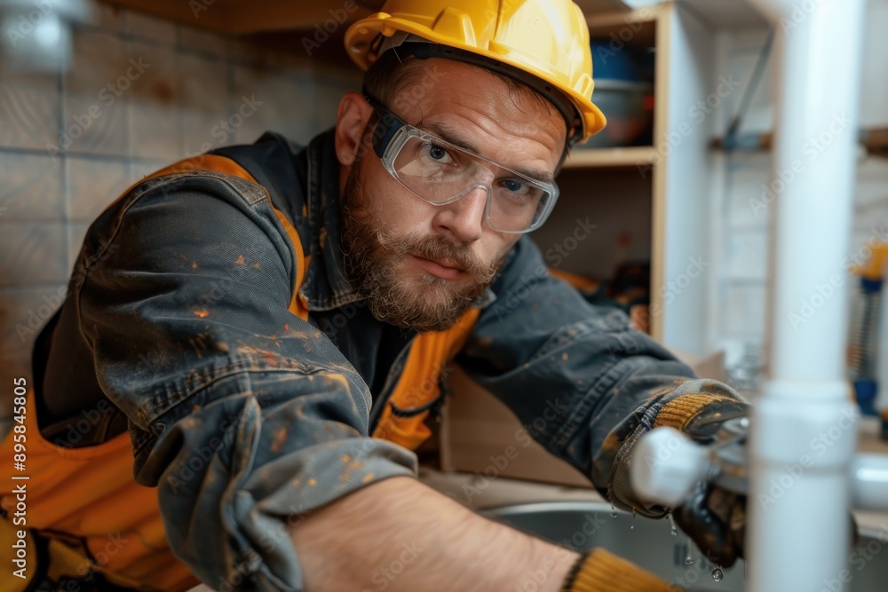A determined worker, wearing a hard hat and safety glasses, focuses intently on an indoor project, showcasing dedication and skill in a hands-on work environment. A determined worker, wearing a hard hat and safety glasses, focuses intently on an indoor project, showcasing dedication and skill in a hands-on work environment.