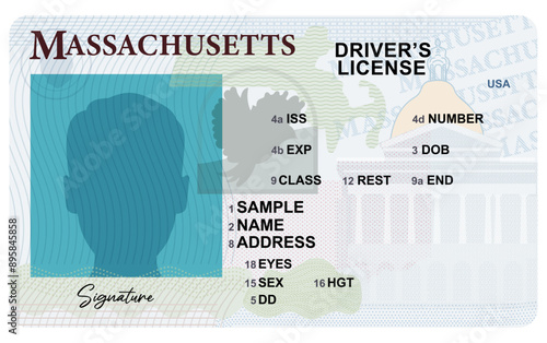 Massachusetts driver's license isolated on white background. Person driver license