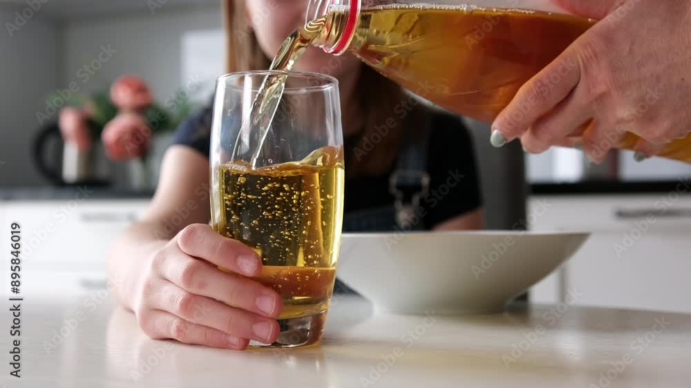 Mother Serving Apple Juice To Her Daughter For Breakfast In The Kitchen Mother Serving Apple Juice To Her Daughter For Breakfast In The Kitchen