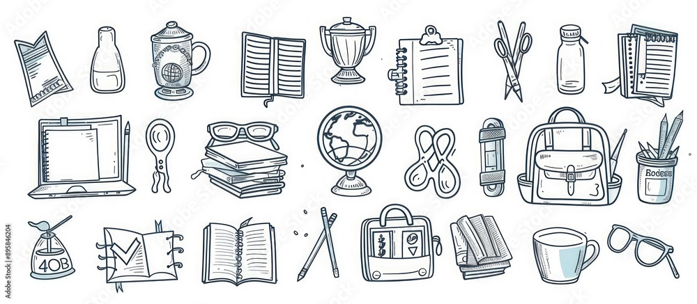 Detailed black and white school icons in high resolution vector line art. Detailed black and white school icons in high resolution vector line art.