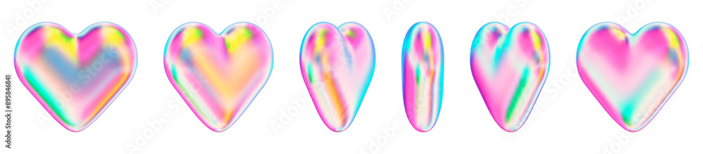 3d set of holographic heart with different angles. Romantic emoji, neon ...