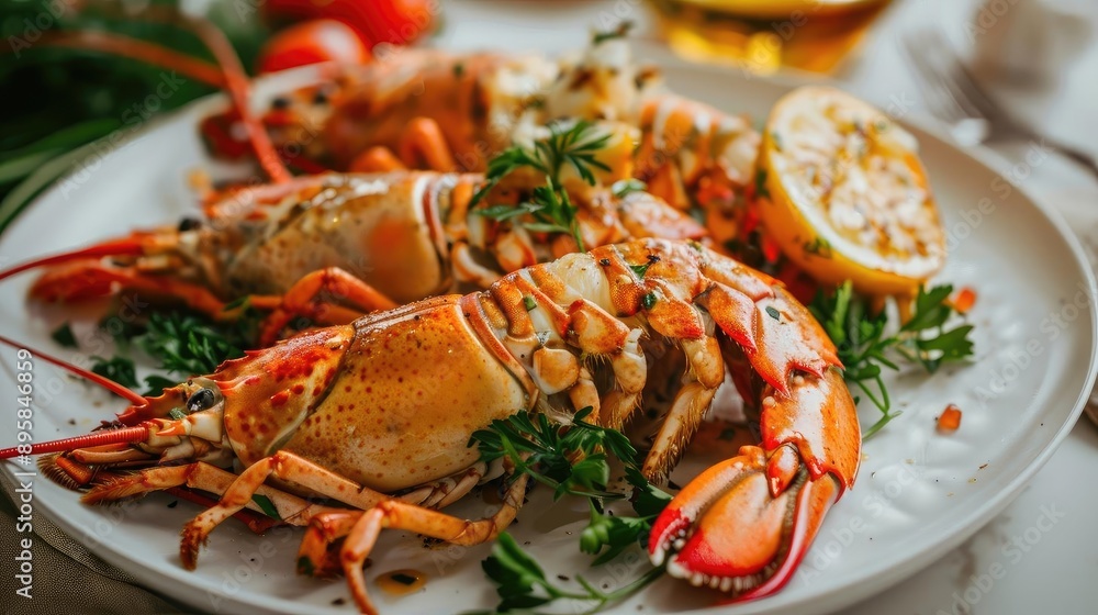 Deliciously prepared lobster with fresh herbs and lemon on a white plate, perfect for gourmet dining and seafood lovers. Deliciously prepared lobster with fresh herbs and lemon on a white plate, perfect for gourmet dining and seafood lovers.