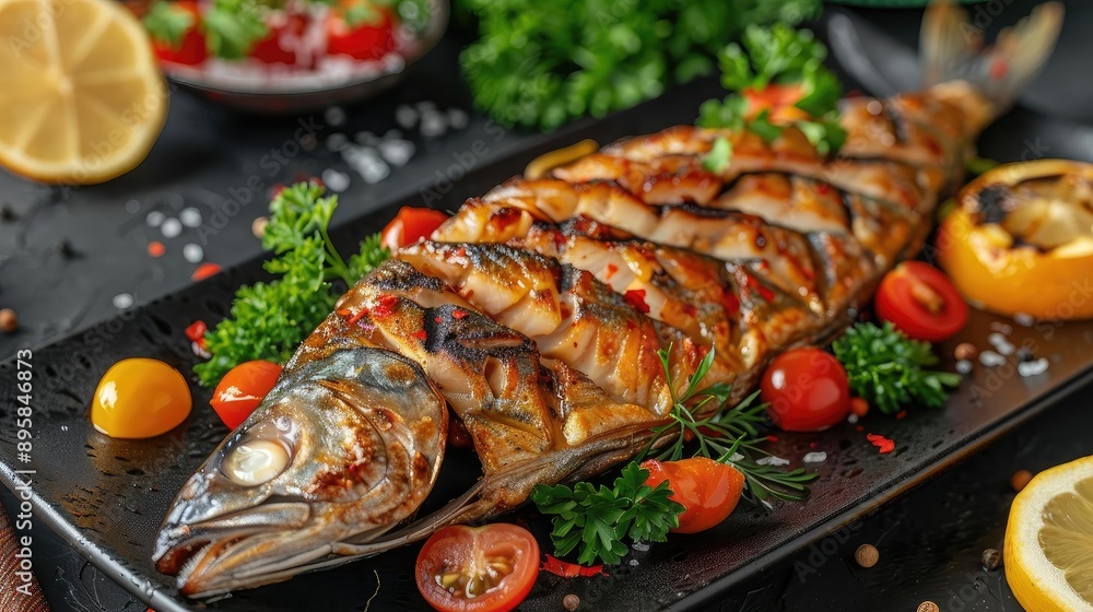 Delicious grilled fish with herbs, lemon, and cherry tomatoes served on a black plate, perfect for a healthy gourmet meal. Delicious grilled fish with herbs, lemon, and cherry tomatoes served on a black plate, perfect for a healthy gourmet meal.