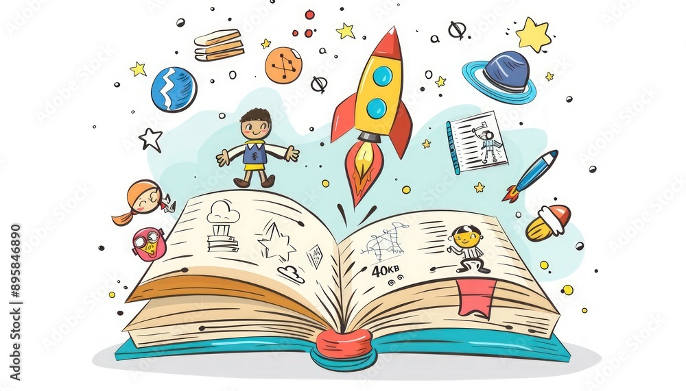 Hand drawn educational vector of open book with school icons and rocket.