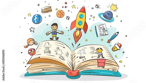 Obraz na płótnie Hand drawn educational vector of open book with school icons and rocket. w salonie