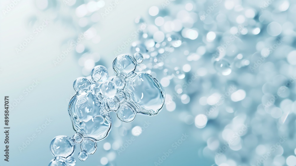 Water molecules and closeup of water on a light blue background. Water molecules and closeup of water on a light blue background.
