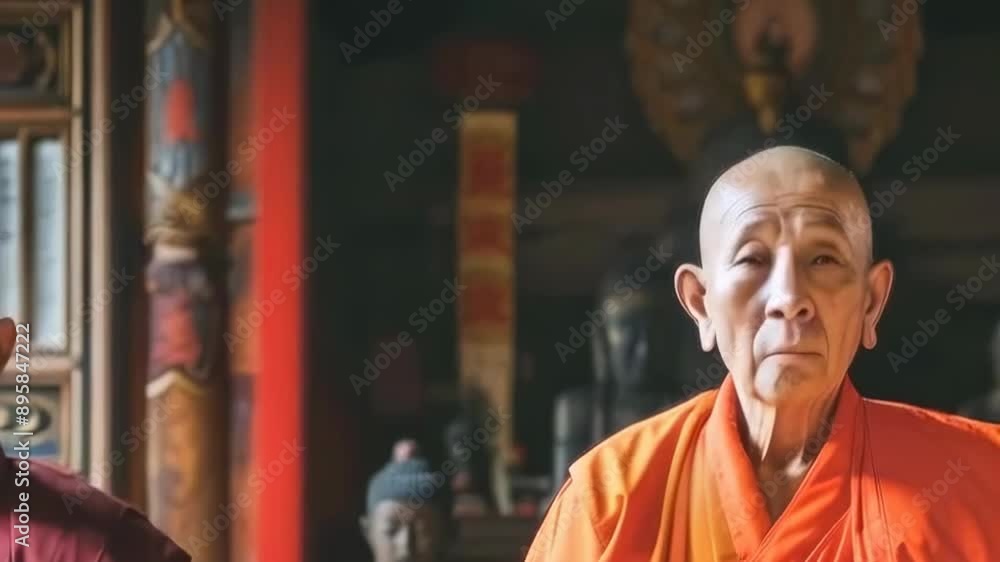 Two elderly Asian monks are seen in a temple, wearing traditional orange robes. The background features ancient statues and ornate decorations, emphasizing the sacred and serene ambiance. The scene Two elderly Asian monks are seen in a temple, wearing traditional orange robes. The background features ancient statues and ornate decorations, emphasizing the sacred and serene ambiance. The scene