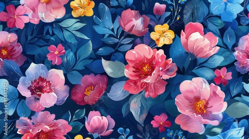 Wallpaper Mural Vibrant Floral Tapestry - Lush Blooms and Leaves in Shades of Pink, Blue, and Yellow Torontodigital.ca