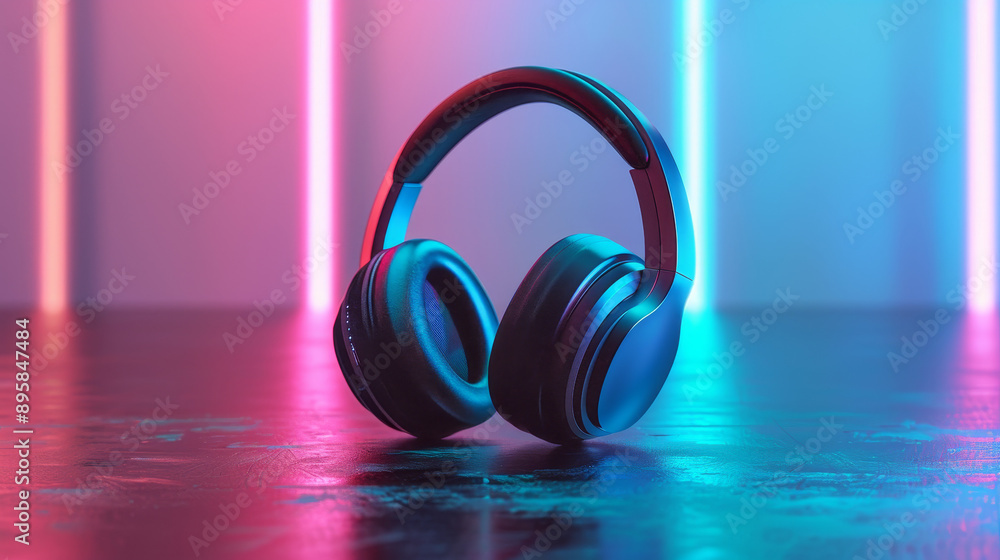 Modern over-ear headphones in black 3D render in pastel neon lighting with space for text. Modern over-ear headphones in black 3D render in pastel neon lighting with space for text.