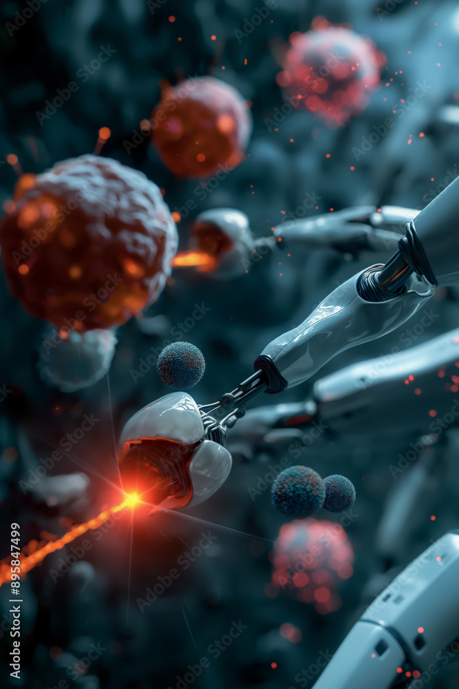 Fototapeta premium An artistic illustration of nanorobots working together to destroy cancer cells, with vibrant colors and detailed cellular structures.
