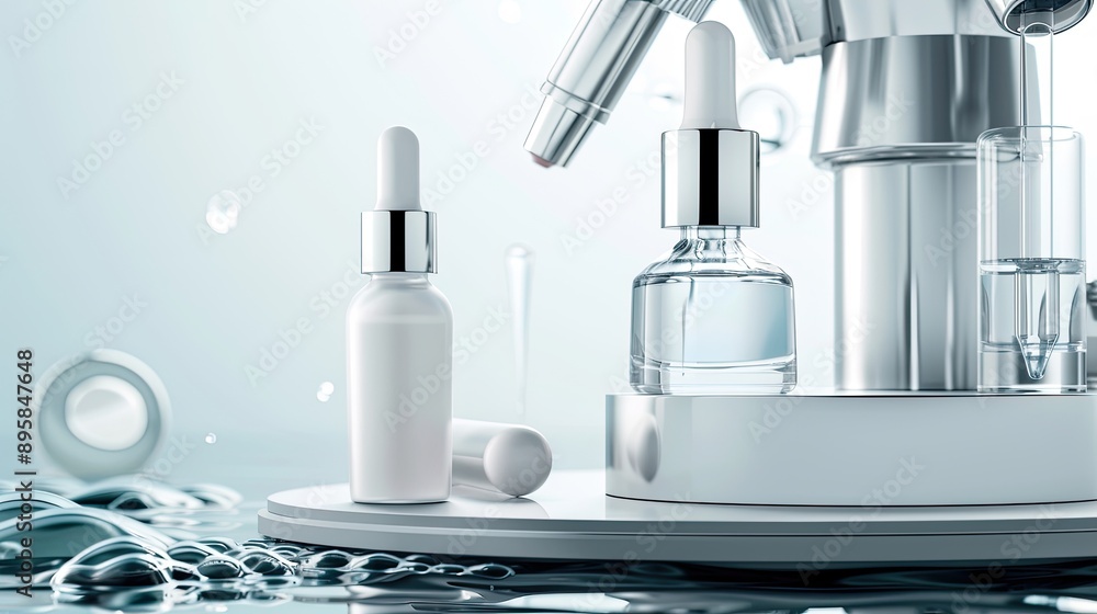 Two white bottles, one with a spray nozzle and one a clear glass flask containing blue liquid, sit on a round white platform floating in a blue swimming pool Two white bottles, one with a spray nozzle and one a clear glass flask containing blue liquid, sit on a round white platform floating in a blue swimming pool