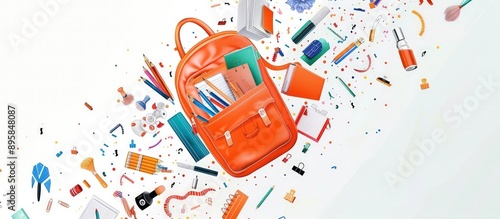 Vector art of orange backpack bursting with school essentials on a white background.