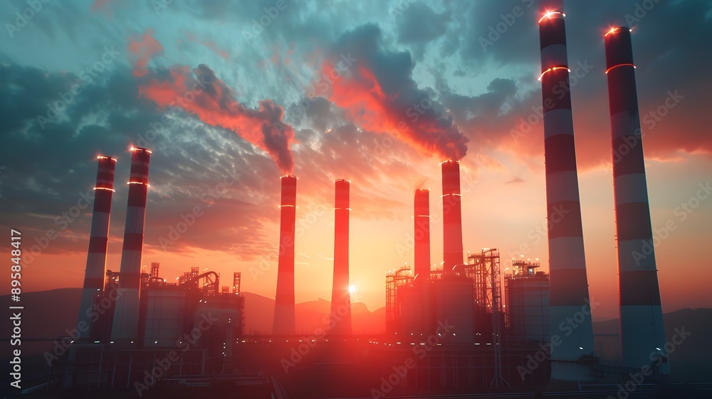 Dramatic Sunset at Sprawling Oil Refinery with Towering Smokestacks and Storage Tanks Dramatic Sunset at Sprawling Oil Refinery with Towering Smokestacks and Storage Tanks