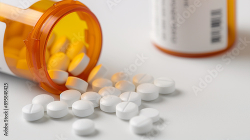 White pills spilling out from an orange pill bottle on a white background photo