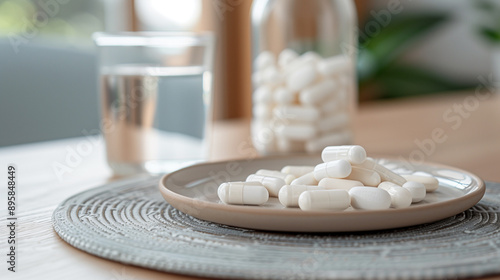 White multivitamin binding pills on a plate with a glass of water on the table photo