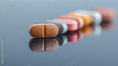 colorful pills arranged on a reflective mirror surface photo