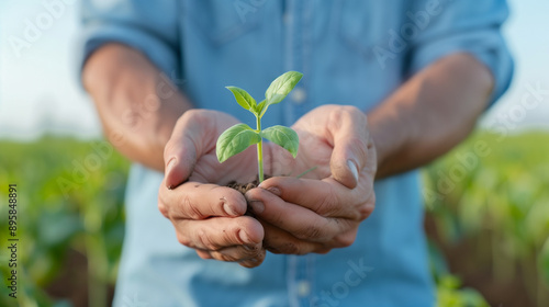 man farmer hands holding a young plant in a field growth and sustainability photo