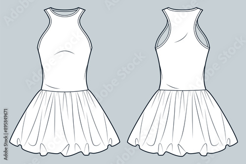 Jersey Dress with poplin bottom technical fashion illustration. Mini Dress fashion flat technical drawing template, sleeveless, balloon skirt, round neck, front and back view, white, women CAD mockup.