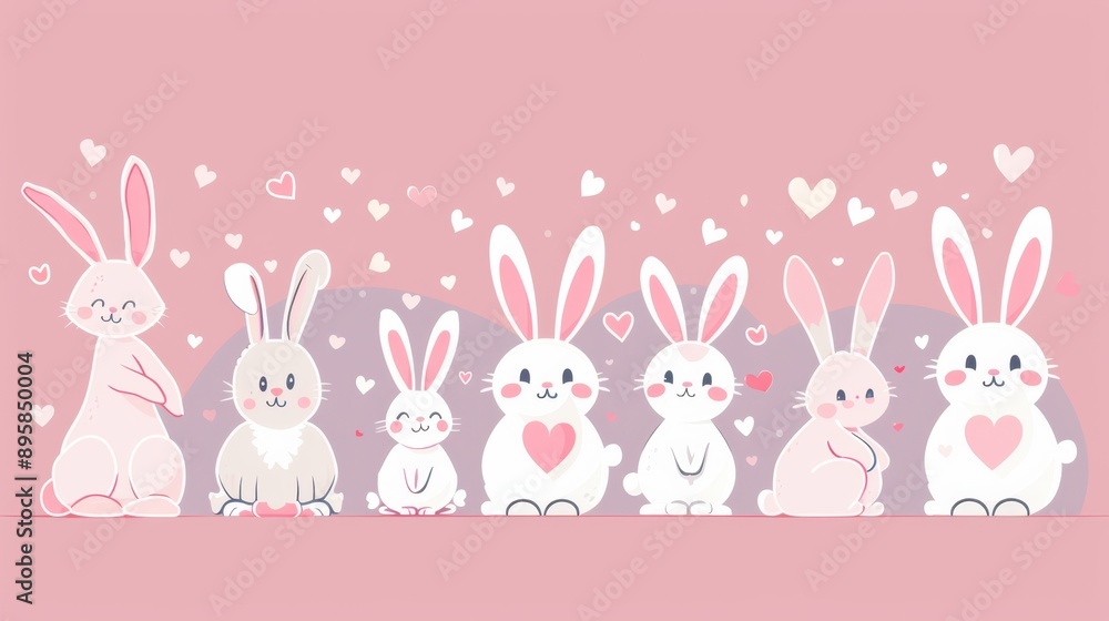 Cute bunnies, heart motifs and soft hues, flat design illustration Cute bunnies, heart motifs and soft hues, flat design illustration