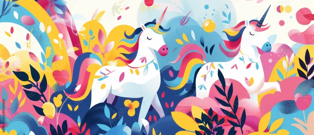 Fototapeta premium Playful unicorns, rainbow patterns and bright hues, flat design illustration