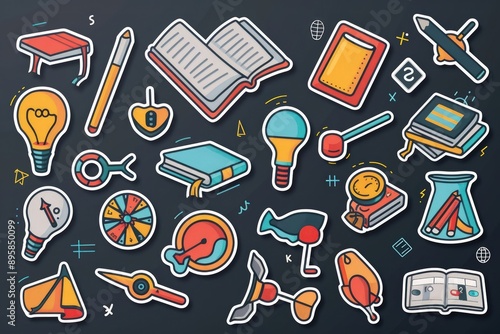 Colorful elements in flat color sticker pack style icons for learning on dark grey.