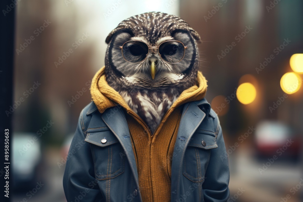 Hipster owl walking around the city on the street. Hipster owl walking around the city on the street.