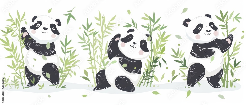 Obraz premium Charming pandas, bamboo motifs and gentle colors, flat design illustration