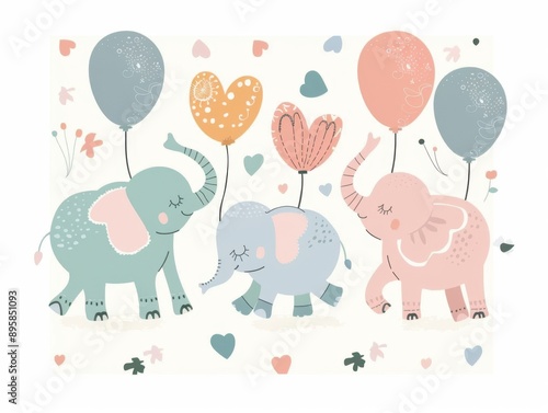 Cute elephants, balloon motifs and pastel palette, flat design illustration © niti