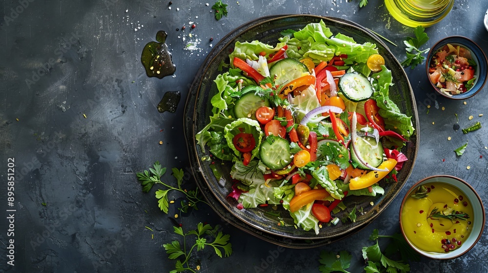 Refreshing salad made with crispy lettuce and a mix of colorful vegetables Refreshing salad made with crispy lettuce and a mix of colorful vegetables
