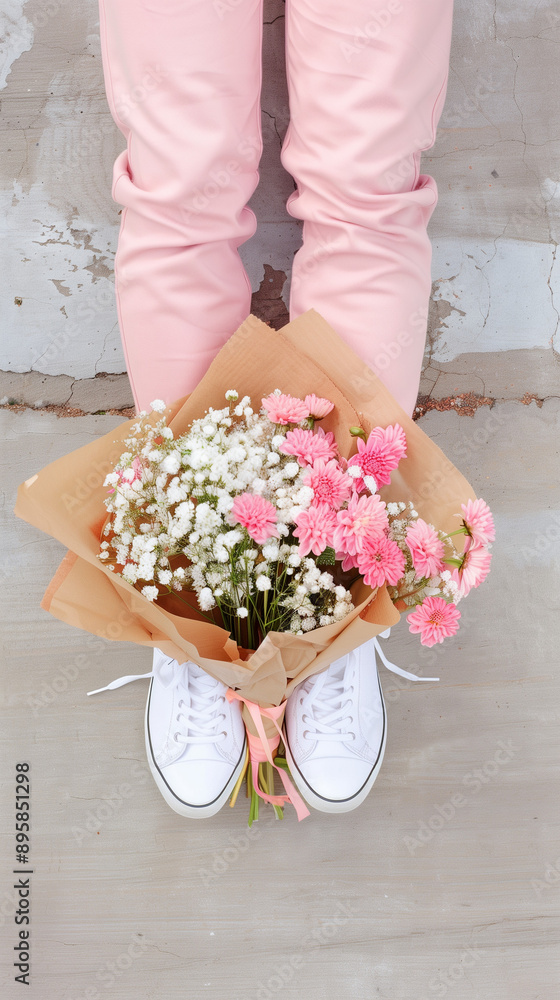 The person, dressed in pastel pink pants and white sneakers, holds a lovely bouquet of pink chrysanthemums and white baby's breath, wrapped in kraft paper. Finding beauty in everyday life. The person, dressed in pastel pink pants and white sneakers, holds a lovely bouquet of pink chrysanthemums and white baby's breath, wrapped in kraft paper. Finding beauty in everyday life.