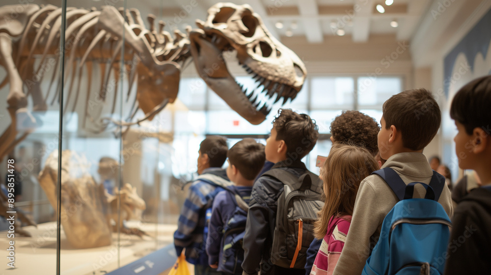 Observing Skeleton A group of curious schoolchildren with backpacks closely observing a ...