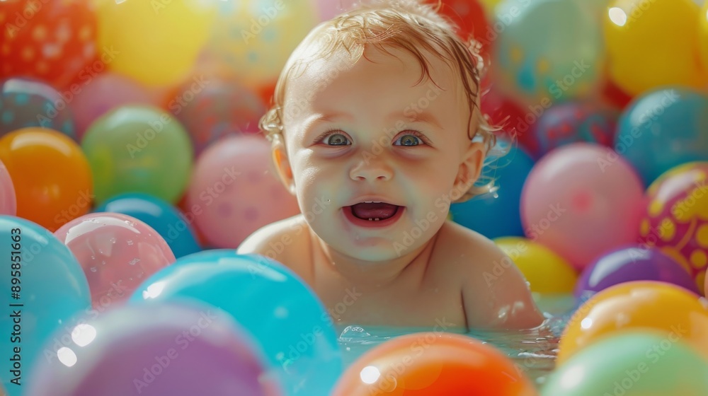 Obraz premium Cute baby smiling amidst colorful balloons, enjoying playful moment in a fun and vibrant environment.