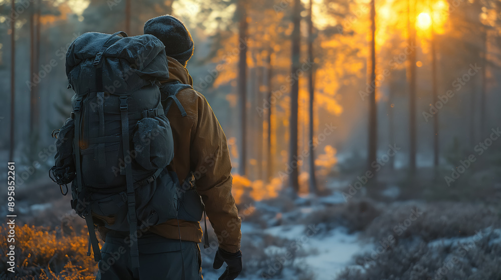 Backpacker standing in a forest at sunrise, with a large pack and warm clothing, looking ahead as the sunlight filters through the trees, creating a peaceful, contemplative scene. Backpacker standing in a forest at sunrise, with a large pack and warm clothing, looking ahead as the sunlight filters through the trees, creating a peaceful, contemplative scene.