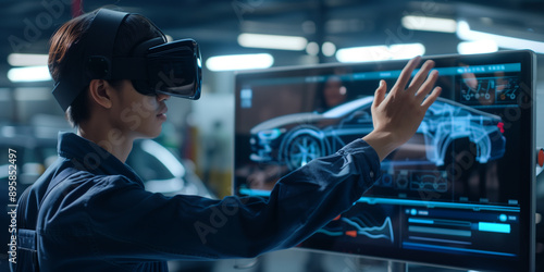 young Asian engineer wearing VR glasses is operating an AI virtual screen displaying designs of electric vehicles photo