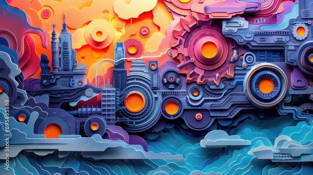 A colorful paper art depicting a surreal cityscape with mechanical gears and futuristic structures symbolizes imagination, industry, and the blending of nature and technology. A colorful paper art depicting a surreal cityscape with mechanical gears and futuristic structures symbolizes imagination, industry, and the blending of nature and technology.