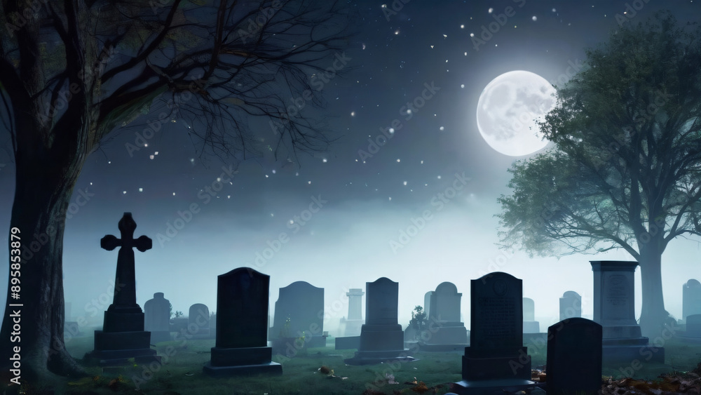 Gruseliger nebeliger Friedhof bei Nacht vom Mondschein beleuchtet. Halloween. KI Generated Gruseliger nebeliger Friedhof bei Nacht vom Mondschein beleuchtet. Halloween. KI Generated
