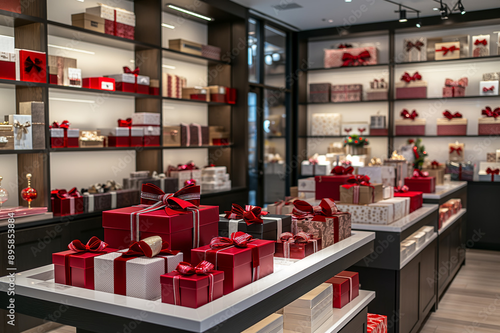 Gift Shop Interior with Various Red and White Presents and Gift Boxes on Display. Gift Shop Interior with Various Red and White Presents and Gift Boxes on Display.