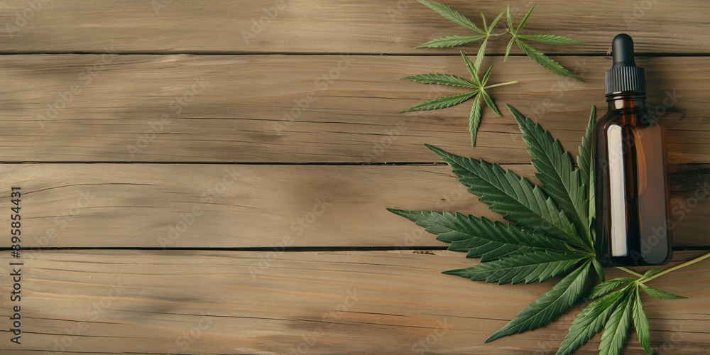 Obraz premium CBD Essence: Amber bottle of CBD oil nestled among fresh cannabis leaves on a rustic wooden background, embodying natural wellness and tranquility. 