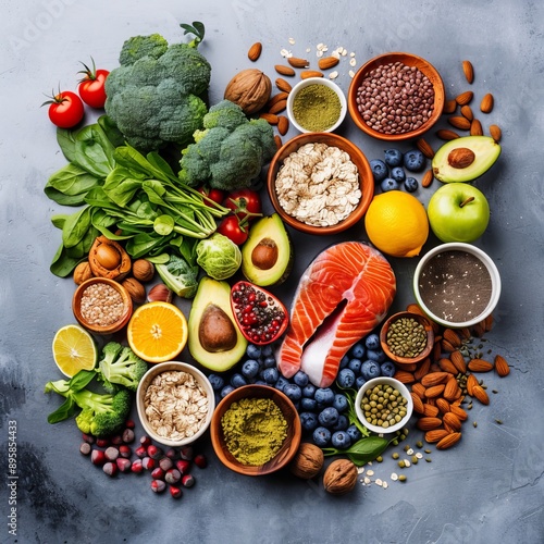 Assorted healthy foods like fresh fruits, vegetables, nuts, and fish arranged on a concrete surface. Seen from above