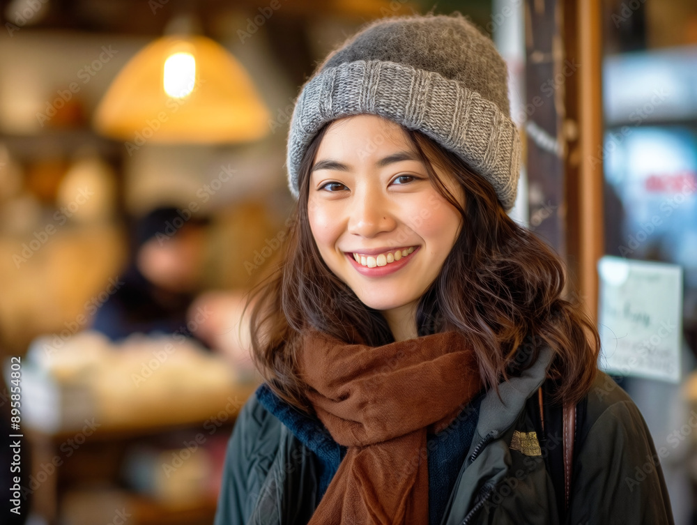 A woman wearing a grey and brown hat and scarf is smiling. She is standing in front of a counter in a store A woman wearing a grey and brown hat and scarf is smiling. She is standing in front of a counter in a store