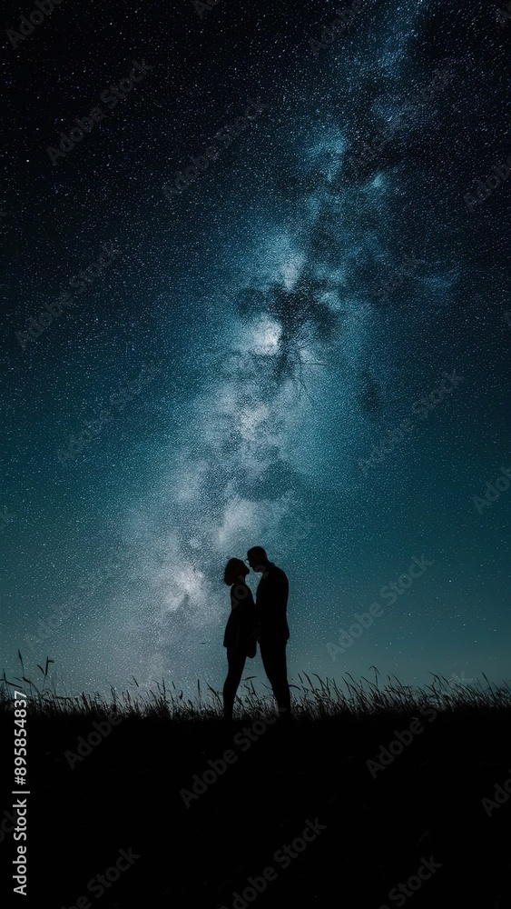 Fototapeta premium A couple standing in the dark with the stars in the background